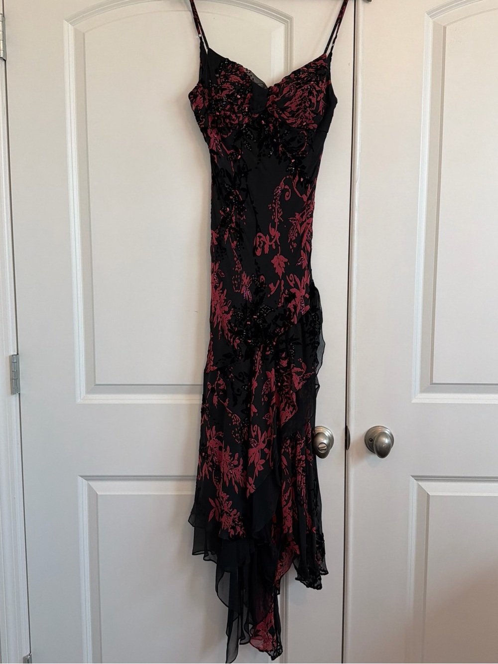 Sue Wong Black Slip Dress with Burgundy Floral Motif